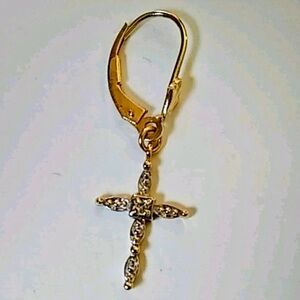 14k Yellow Gold Cross Single (1) Earring With Diamond Chip